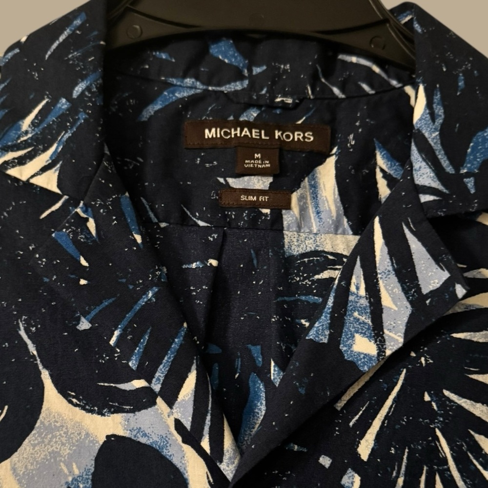 Michael Kors‎ Blue Tropical Leaf Print Men's Button Down Short Sleeved Shirt - Picture 6 of 6